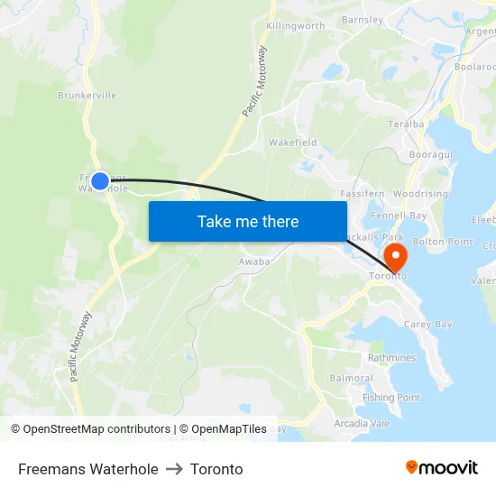 Freemans Waterhole to Toronto map