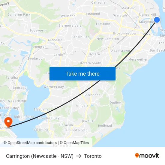 Carrington (Newcastle - NSW) to Toronto map