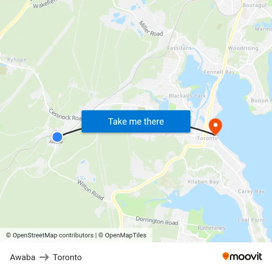 Awaba to Toronto map