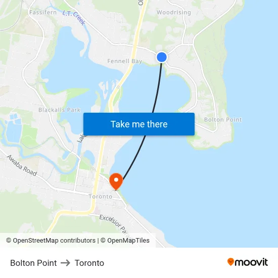 Bolton Point to Toronto map