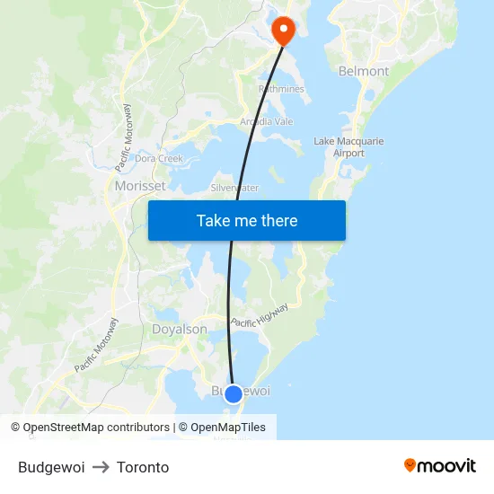 Budgewoi to Toronto map