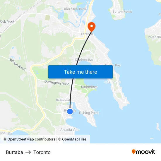 Buttaba to Toronto map