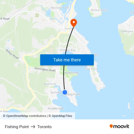 Fishing Point to Toronto map