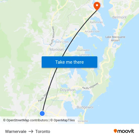 Warnervale to Toronto map