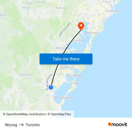 Wyong to Toronto map