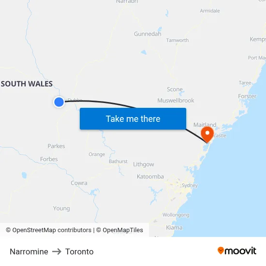 Narromine to Toronto map