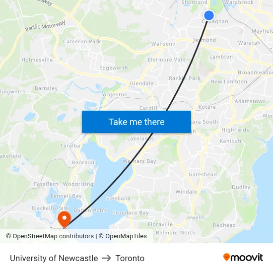 University of Newcastle to Toronto map