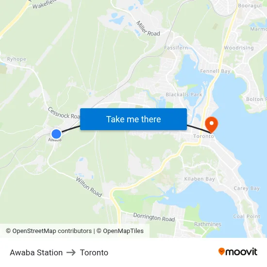 Awaba Station to Toronto map