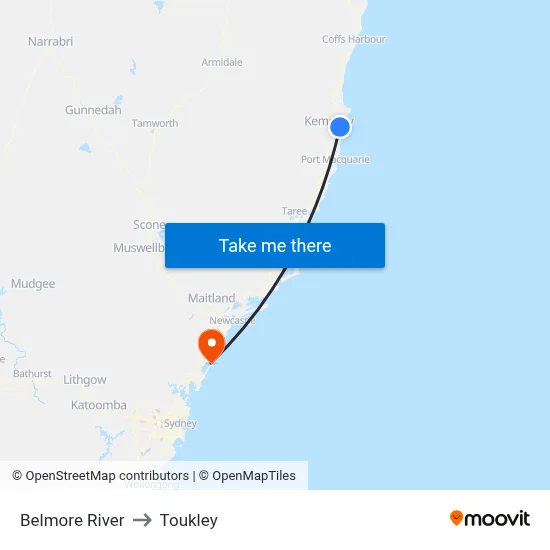 Belmore River to Toukley map