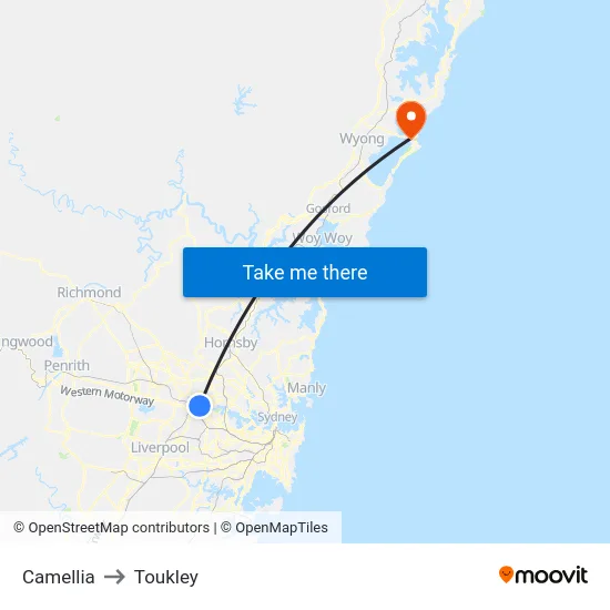 Camellia to Toukley map