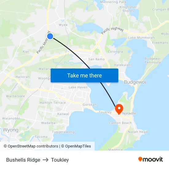 Bushells Ridge to Toukley map