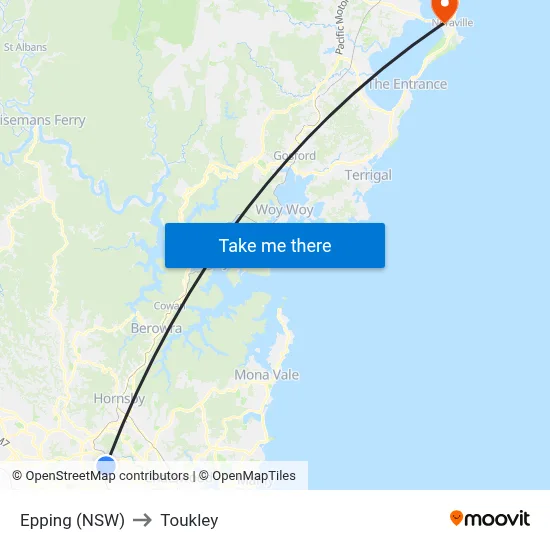 Epping (NSW) to Toukley map