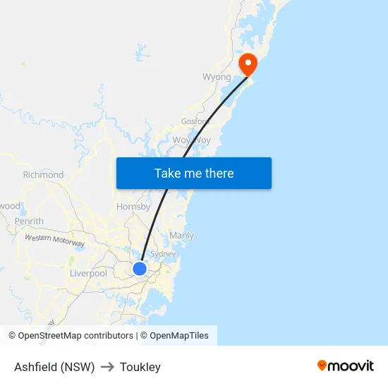 Ashfield (NSW) to Toukley map