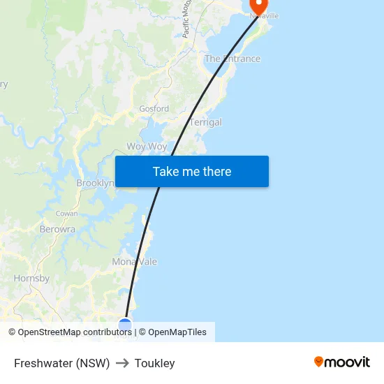 Freshwater (NSW) to Toukley map