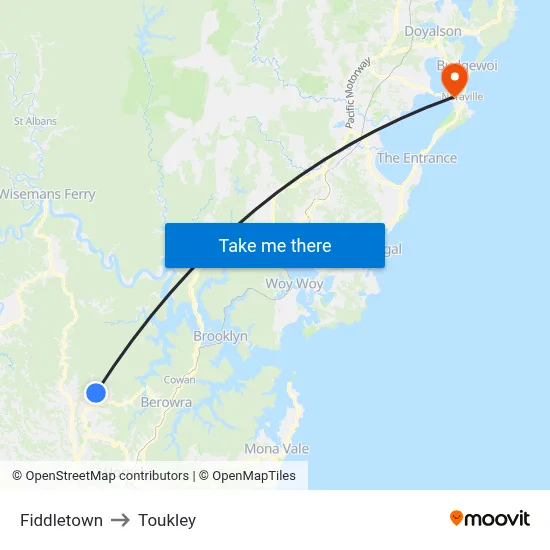 Fiddletown to Toukley map