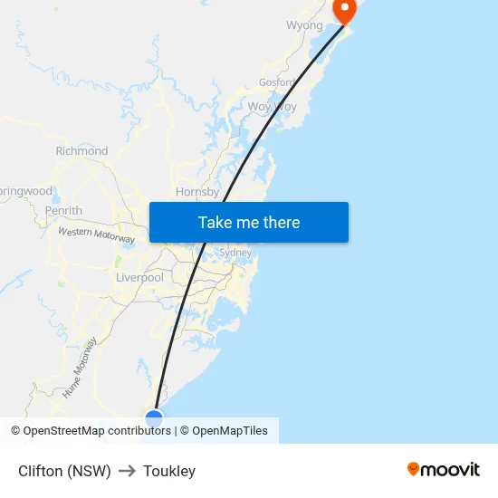 Clifton (NSW) to Toukley map