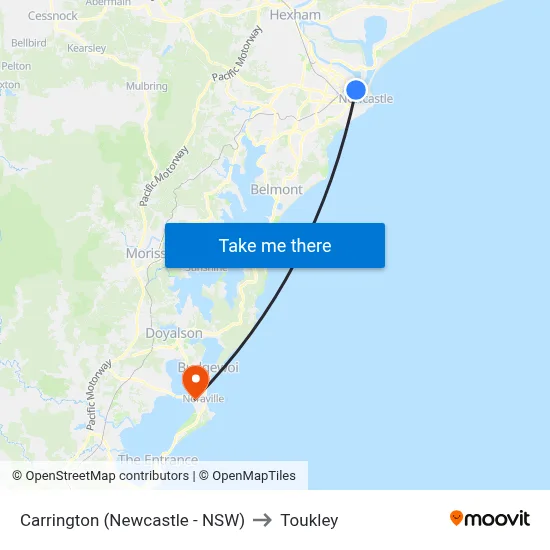 Carrington (Newcastle - NSW) to Toukley map