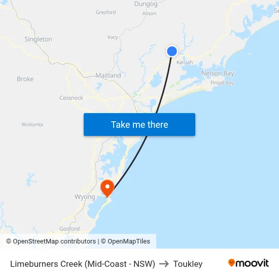 Limeburners Creek (Mid-Coast - NSW) to Toukley map