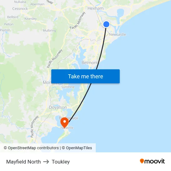 Mayfield North to Toukley map