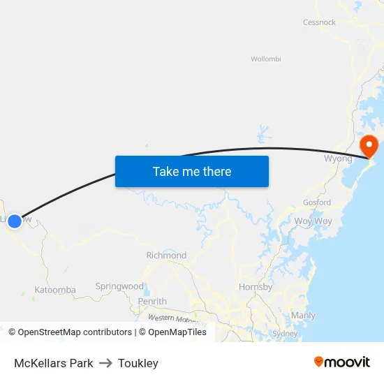 McKellars Park to Toukley map