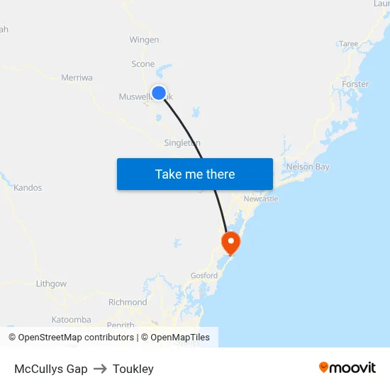 McCullys Gap to Toukley map