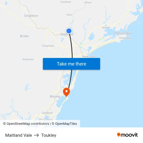 Maitland Vale to Toukley map