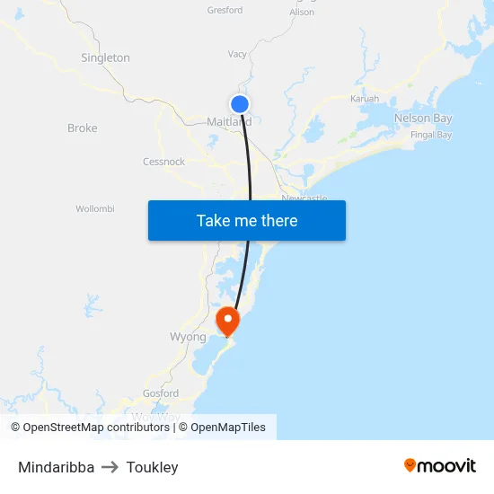 Mindaribba to Toukley map