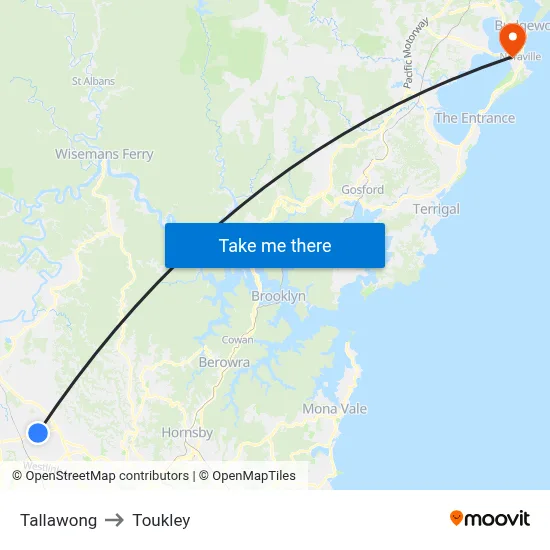 Tallawong to Toukley map