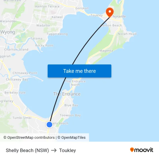 Shelly Beach (NSW) to Toukley map
