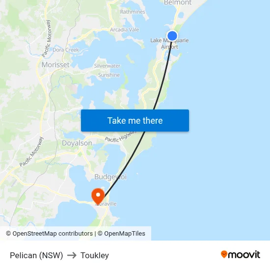Pelican (NSW) to Toukley map