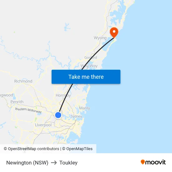 Newington (NSW) to Toukley map
