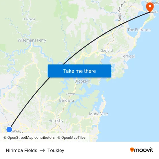 Nirimba Fields to Toukley map