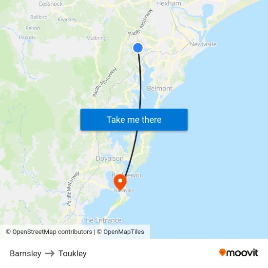 Barnsley to Toukley map