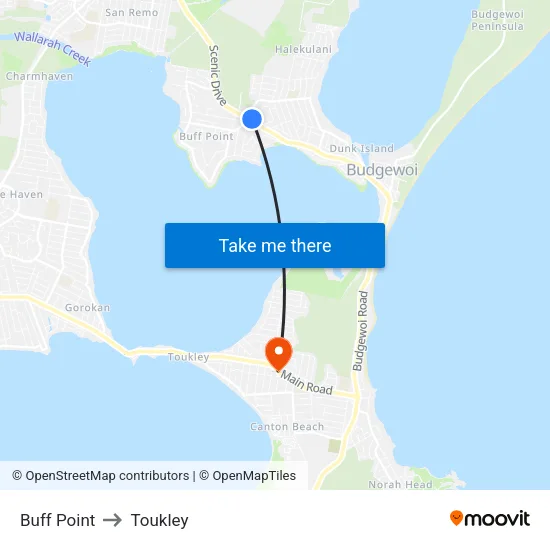 Buff Point to Toukley map