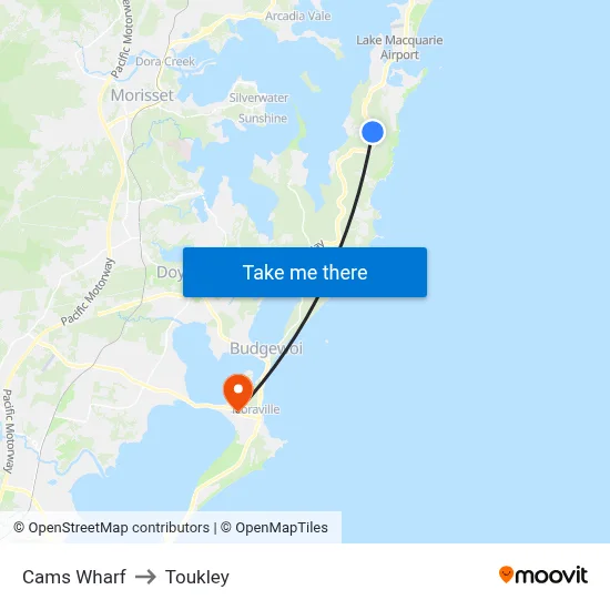 Cams Wharf to Toukley map