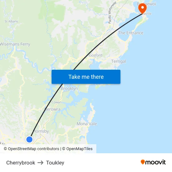 Cherrybrook to Toukley map