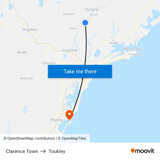Clarence Town to Toukley map