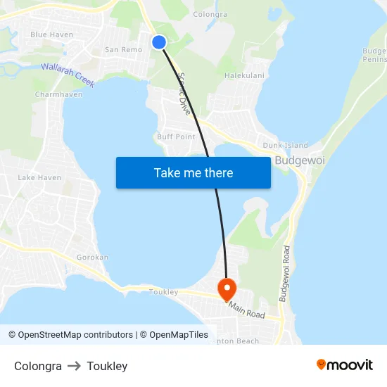 Colongra to Toukley map