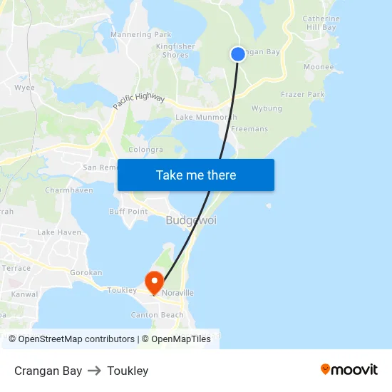 Crangan Bay to Toukley map