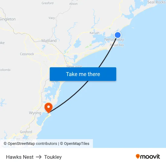 Hawks Nest to Toukley map