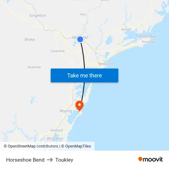 Horseshoe Bend to Toukley map