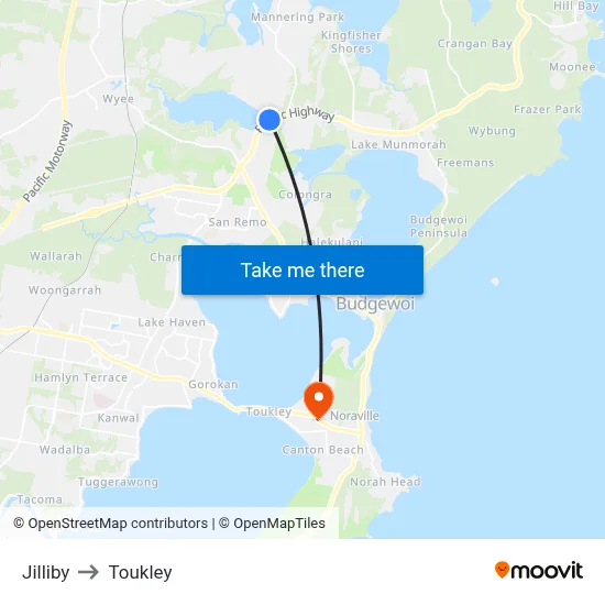 Jilliby to Toukley map