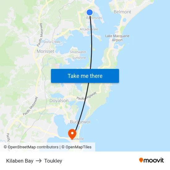 Kilaben Bay to Toukley map