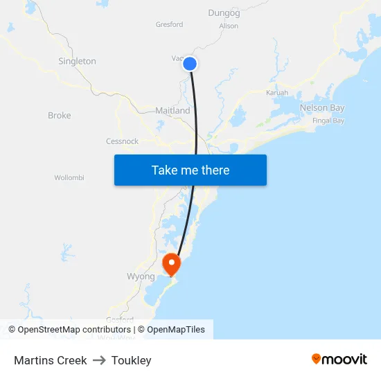 Martins Creek to Toukley map