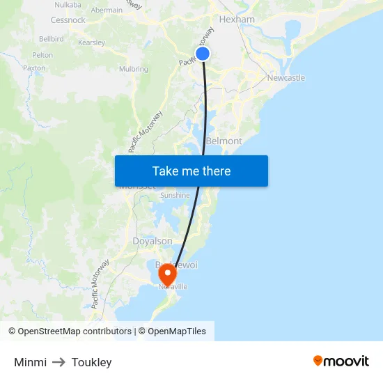 Minmi to Toukley map