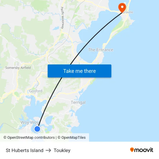 St Huberts Island to Toukley map