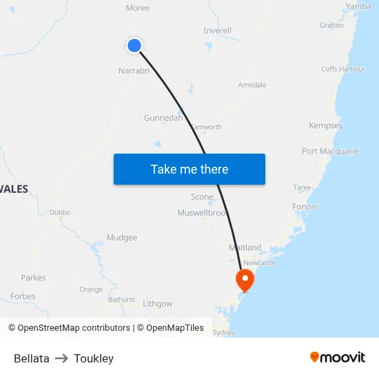 Bellata to Toukley map