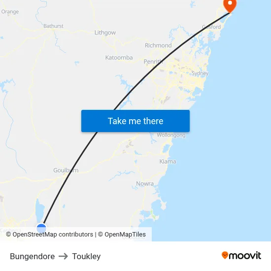 Bungendore to Toukley map