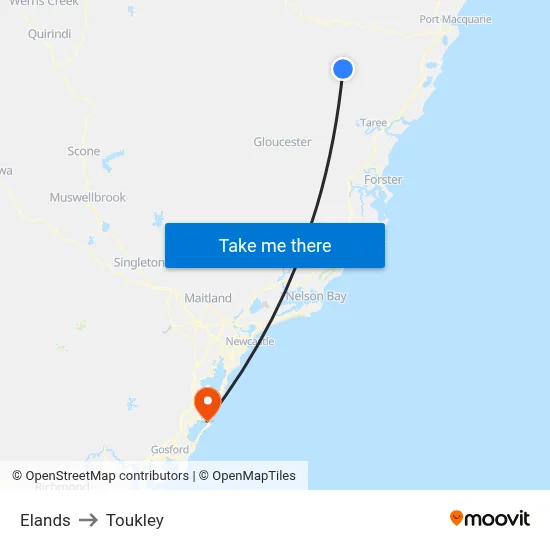 Elands to Toukley map
