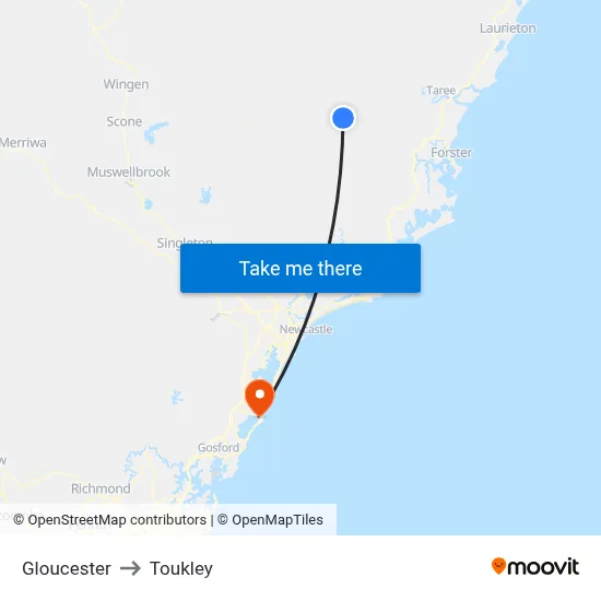Gloucester to Toukley map